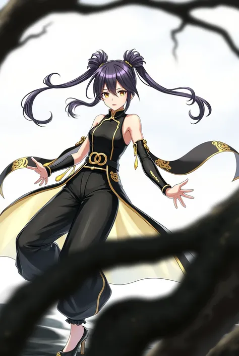 Long, glossy, Dark purple hair tied to a low twin-tails, gold eye color ,black Harem pants, gold O type belt Mandarin black and gold sleeveless coat with unified tail, black detached sleeve/arm warmers