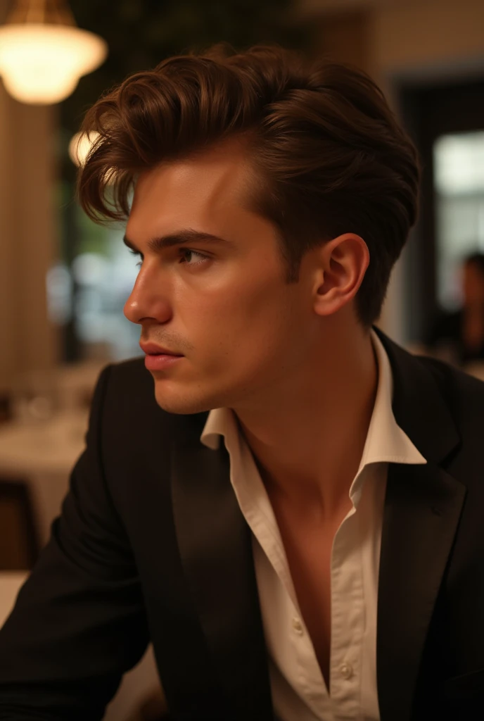 Swedish brunette man, 24 years old, sharp eyebrows, handsome, sharp jawline, at a restaurant, soft curly hair, look like fuckboy, from the side