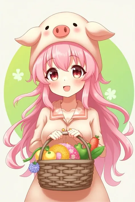 The anime girl has long, soft pink hair with natural waves. On her head, she wears a cute pig-shaped hat featuring two little pig ears that add an adorable touch. A bright four-leaf clover sits atop the hat, symbolizing good luck.

Her face features large,...