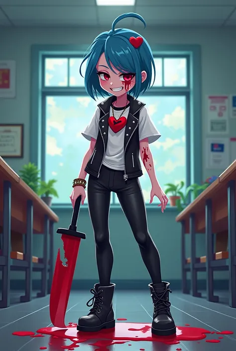 vibrant slender girl with a wretched and wretched smile with blood stains short blue hair with a heart brooch in her hair with a necklace of hearts with black latex pants with a white shirt with a heart split in half with a black vest with spikes and black...