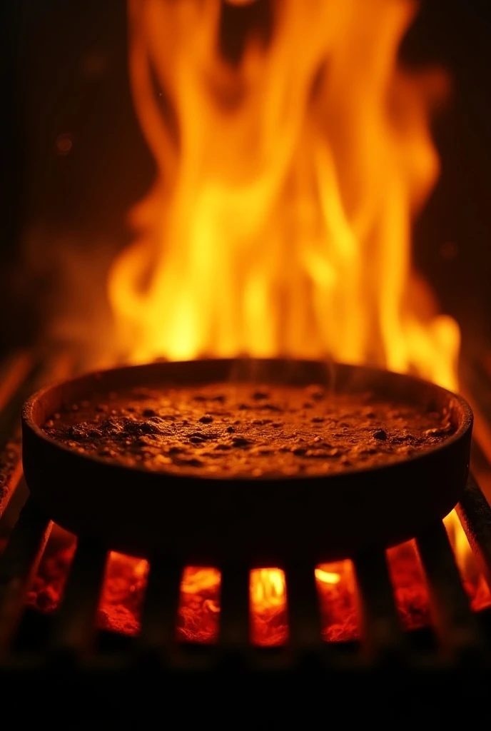  Show a round grill in the center,  with red and black bars in the background to give the feeling of heat and roasted ,  while the yellow and orange flames rise from the background to emphasize the fire of the grill. 