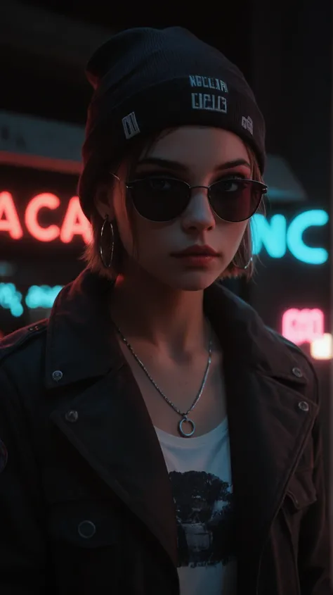 Face close up, alternative girl, watching over black sunglasses, jacket, necklace, neon light reflections on skin, ear ring, makeup, skin imperfection, short hair, beanie, neon lights background, low light, depth of field, highly detailed, high contrast, f...