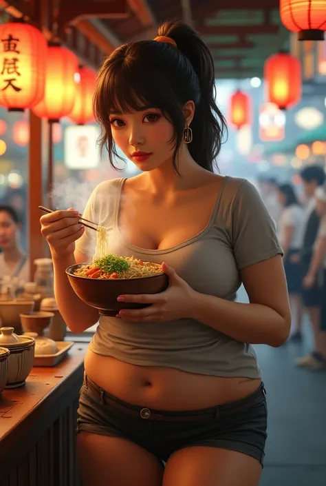  Japanese mature woman with big breasts is eating ramen at a food stall。Short pants and t-shirt 