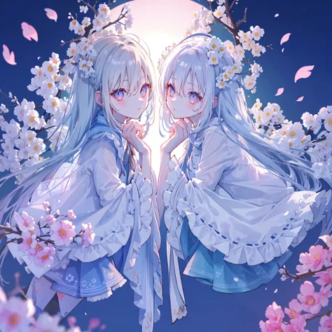 NSFW,score_9, score_8_up, score_7_up,Very aesthetic, high quality, complex and ephemeral beauty,
BREAK
two girls, twins, eye contact, fleeting, psychopathic killer, silver, very long hair, straight hair, (covering eyes with flowers), hiding eyes with flowe...