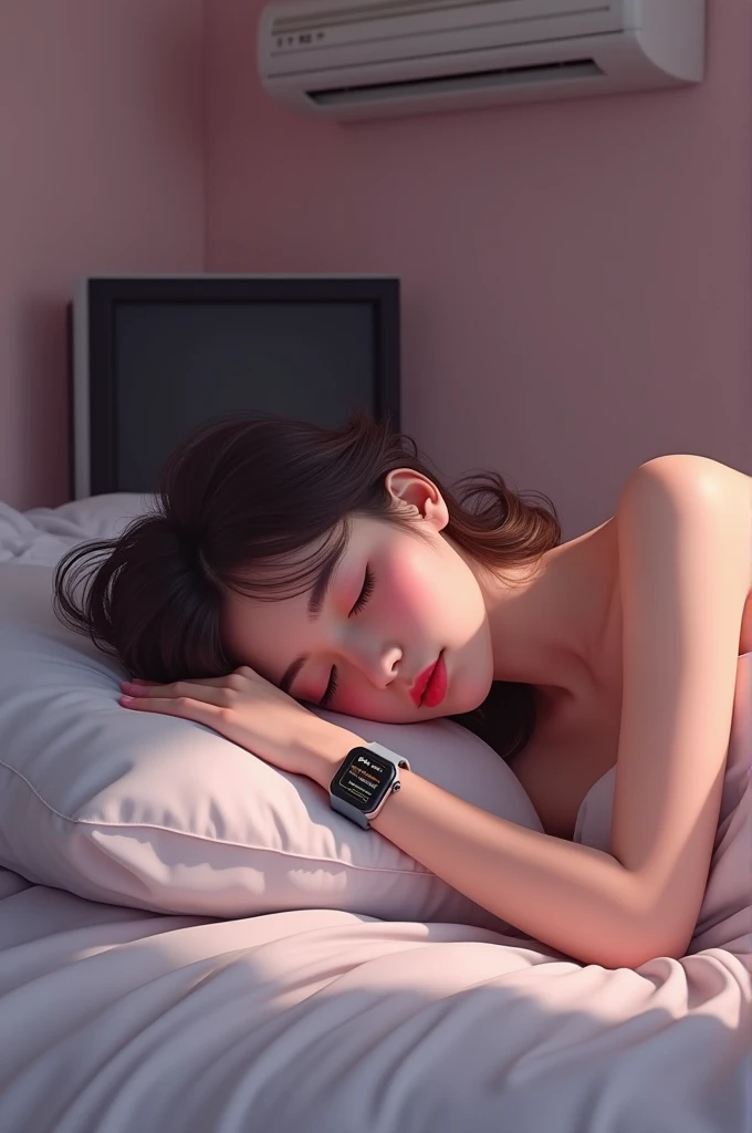 A beautiful girl sleeping in bed nude, right hand smart watch, in room tv, ac in wall pink paint