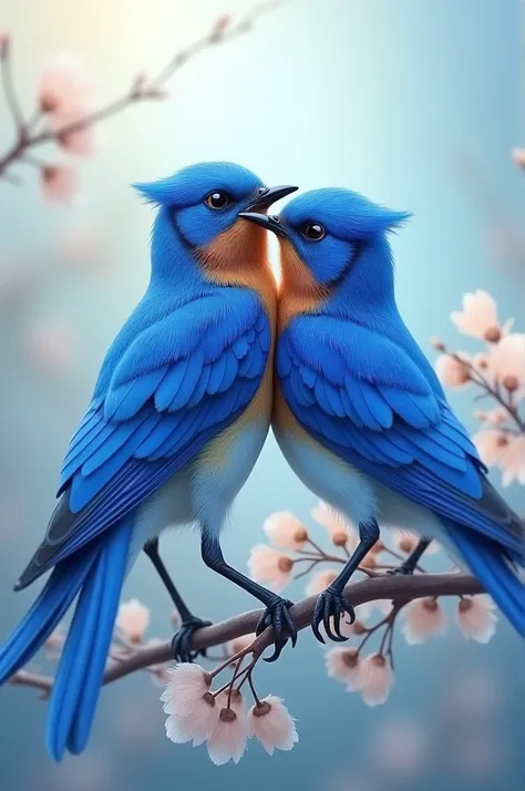 Two beautiful bluebirds kissing.