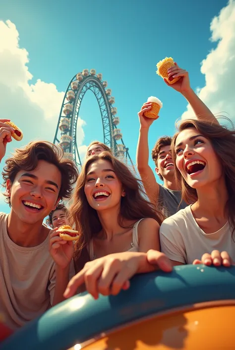 I want a group of friends on the roller coaster while having something to eat