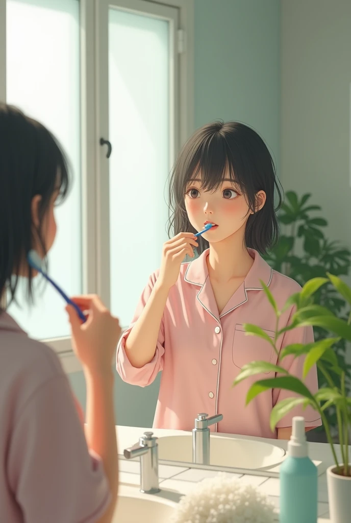 A Japanese high school girl model, aged 16-17, in a clean, modern room. She is brushing her teeth in front of a mirror. Her expression is casual and natural, reflecting a typical morning routine. She wears a cute, pastel-colored pajama set . Her hair is sl...