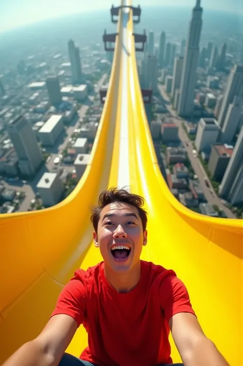 This thumbnail shows a YouTube-style thumbnail featuring a person, possibly a content creator, on a massive, looping yellow water slide with a cityscape in the background. The slide appears to be very high above the buildings, creating a surreal and thrill...