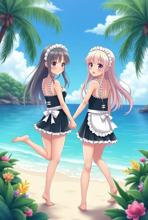  Anime Beautiful Girl、Elementary school twin sisters、Okinawa　Maid Swimsuit　 T-back 