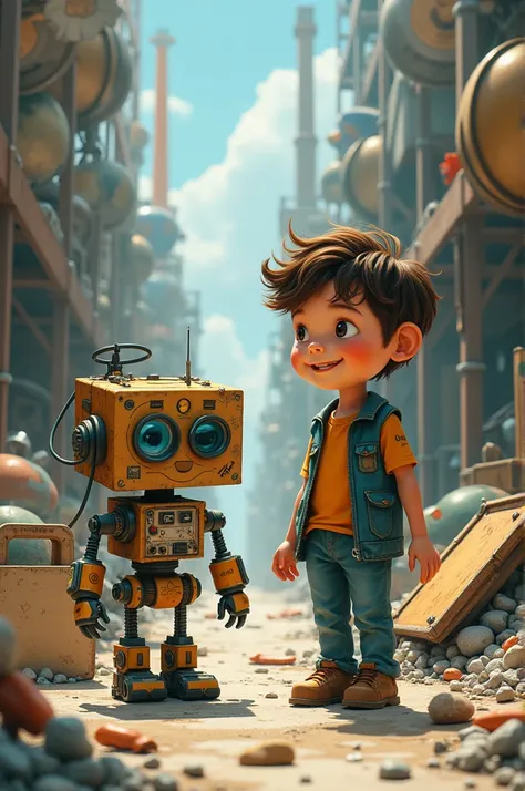 A boy meets a friend, a cardboard robot that recycles electronic waste 