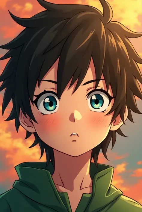  Male boy character in the style of the anime Naruto, brown wavy hair,  with teal eyes, with freckles and without eyebrows 