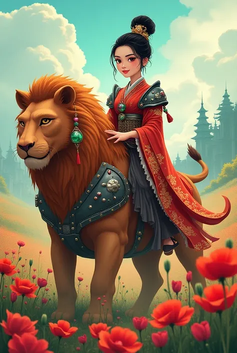  Create a bright colorful cartoon tarot card illustration , close-up of an incredibly beautiful Chinese goddess in kimono and iron armor with a backpack on her shoulders with precious stones rides a beautiful lion with precious stones in the middle of a po...