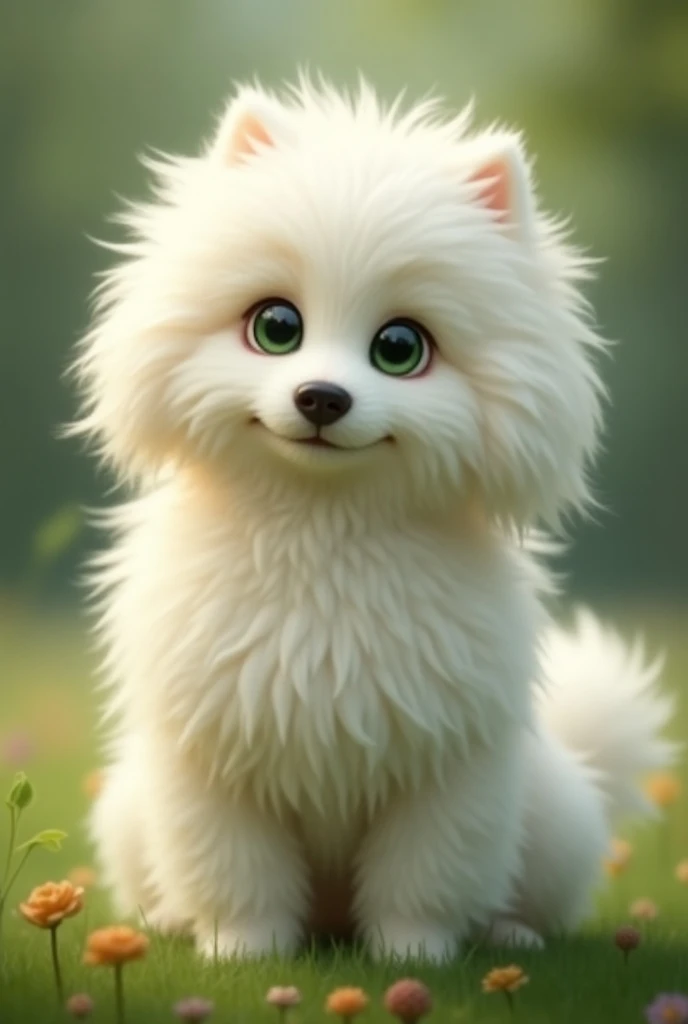 Fine dog with long hair almost to the floor, white and green eyes and cuddly green eyes.