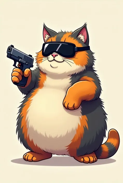 Cute fat cat, multicolor fur, holding gun, wearing ski mask