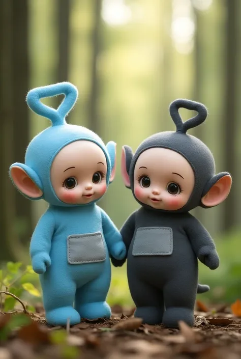 Two teletubbies ,  one pastel blue and one dark gray, in a forest (Carita Kawaii Plis)