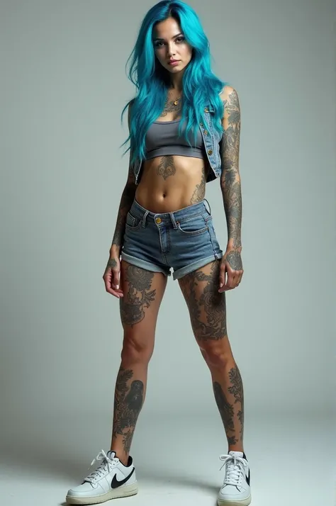 Tattooed blue-haired white woman in micro shorts and short shirt and sneakers from Nike hot