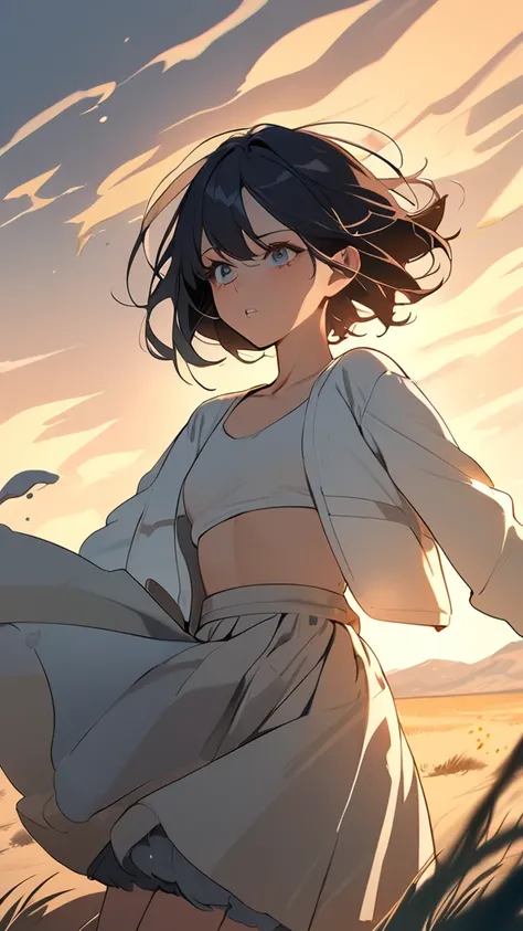 1 girl, ( charming eyes ), Short Bob Hair,  sand color jacket, tulle skirt, Small breasts, Powerful expression,  Pottery Skin , 砂嵐の中を歩く
break, Severe Sandstorms , (Cold Light:1.2),  Dynamic Movement ,  Fantastic Atmosphere ,  
break,  Beautiful Wilderness ...