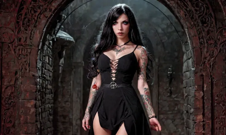 A cute woman (witch, age 25, sexy slinky black dress, extensive tattoos, evil eyes, blood covered hands) reaches out to a glowing swirling portal too a demonic realm, moonlit night
