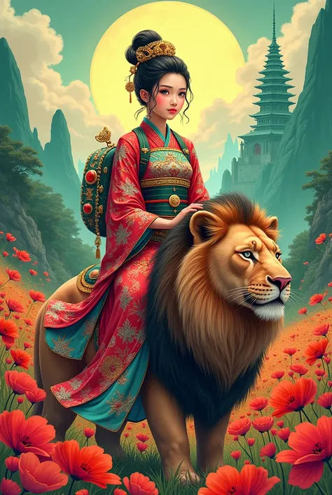  Create a bright colorful cartoon tarot card illustration , close-up of an incredibly beautiful Chinese goddess in kimono and iron armor with a backpack on her shoulders with precious stones rides a beautiful lion in the middle of a poppy field with poppie...