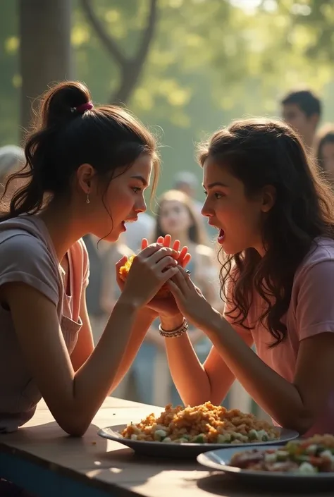 Teenage woman taking or snatching food from another female teenager 