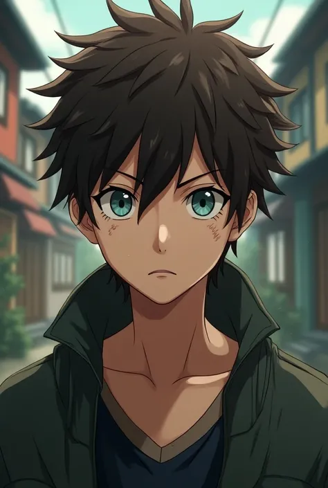  Male boy character in the style of the anime Naruto, brown wavy hair,  with teal eyes, with freckles, NO EYEBROWS and eyes with dark circles around your eye