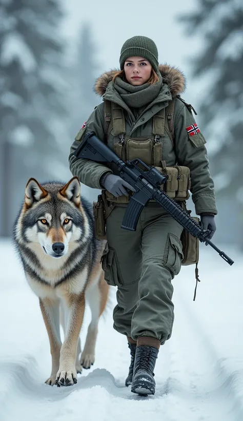 Norwegian soldier  
" An impressive Norwegian soldier with an elegant , athletic figure,  wearing Norwegian military equipment displaying the Norwegian emblem.  She holds her assault rifle in her hands ,  ready to use it  , walking alongside a huge gray wo...