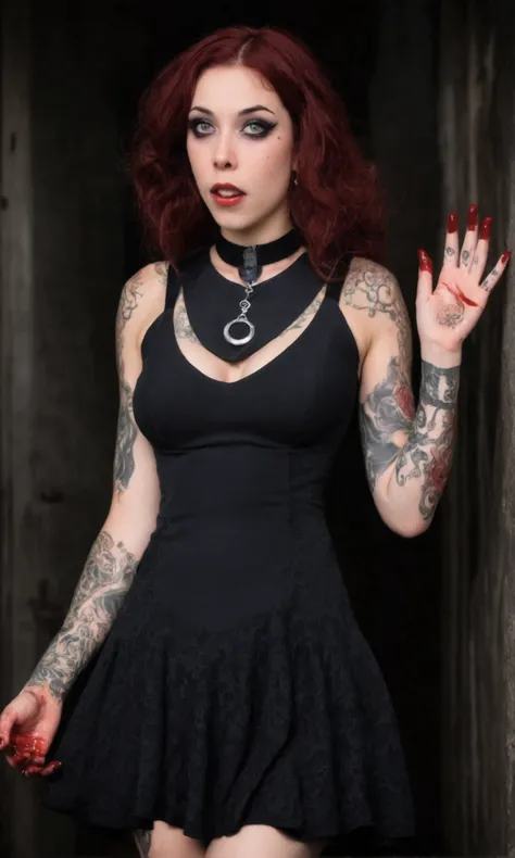 A cute woman (witch, age 25, sexy slinky black dress, extensive tattoos, evil eyes, blood covered hands) reaches out to a glowing swirling portal too a demonic realm, moonlit night
