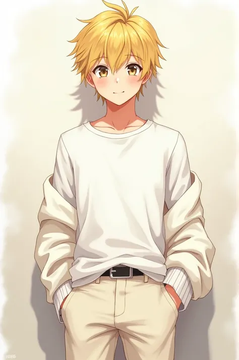 anime boy , with blonde hair , white t-shirt , cream pants and white sweater