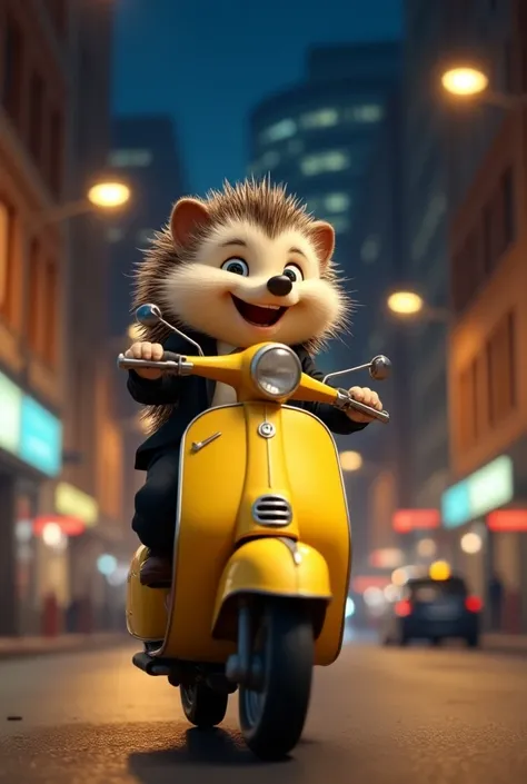 The image shows a cartoon hedgehog riding a yellow scooter on a city street at night. The hedgehog is wearing a black suit and has a big smile on its face. It is holding onto the handlebars of the scooter with both hands and appears to be enjoying the ride...