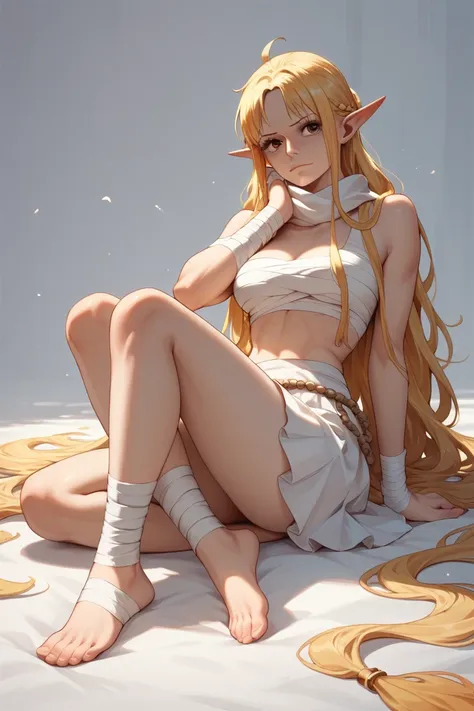 (one piece oc) sexy elf with long blond hair and bandages wrapped around her wrist and ankles. in a white top and long white skirt with a bandage wrapped tightly around her neck.