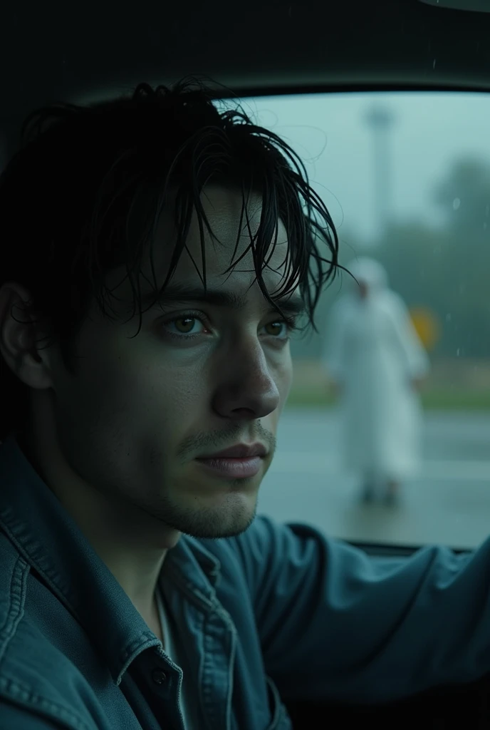  Close-up of a 30-year-old man rolling down his car window,  then a view of the White Lady approaching the car . His skin is pale ,  his black hair is stuck by the rain ,  partially hiding his face .


