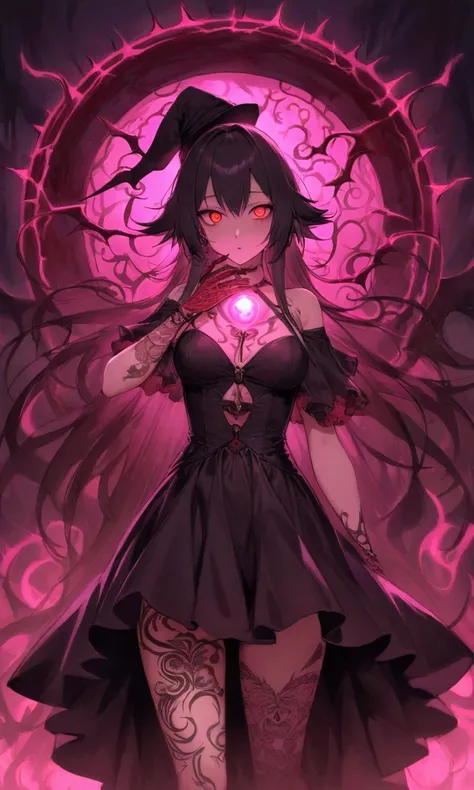 A cute woman (witch, age 25, sexy slinky black dress, extensive tattoos, evil eyes, blood covered hands) reaches out to a glowing swirling portal too a demonic realm, moonlit night
