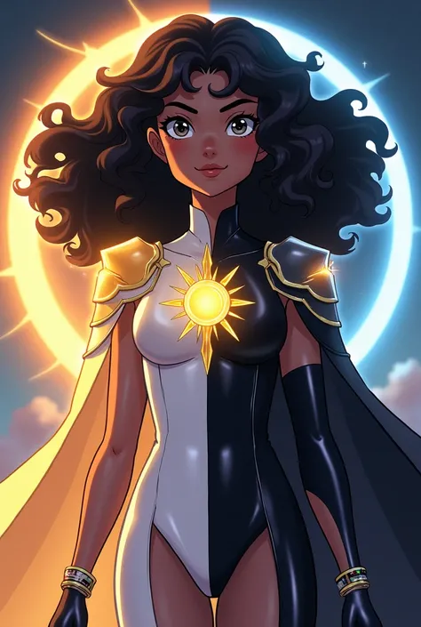 Dark-skinned, curly-haired brunette girl wearing an outfit inspired by day and night, the left side of her outfit is bright white, covered in small crystals that emit a warm glow, and her left shoulder has a golden sun-shaped shoulder pad, symbolizing her ...