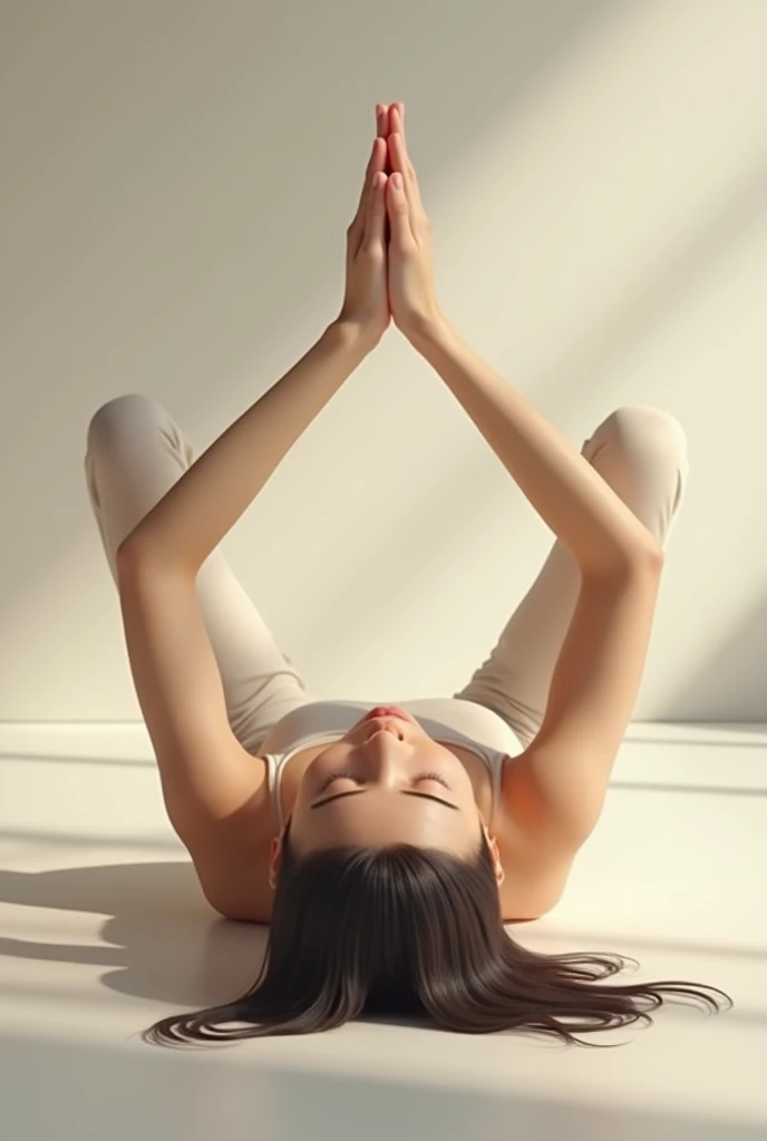 Girl playing yoga in "Supine Hero Pose "position ,lie on floor and fold her hand above her head for praying 