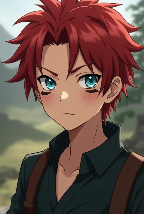  Male boy character in the style of the anime Naruto, wavy red hair,  with teal eyes, with freckles, NO EYEBROWS and eyes with dark circles around your eye