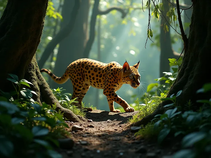 An ocelot with spotted golden fur, moving stealthily among the trees and shadows of the Mayan jungle. Dense vegetation surrounds it, with rays of light barely reaching the jungle floor
