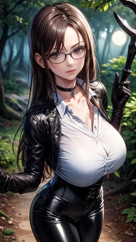  The best quality, ( masterpiece :1.3), ultra-detail, rostro detallado, (highres:1.1), 1 girl, slim,  big breasts, ( vagina), de pie en un Wooded Trail , fighting pose,  glasses View from above ,  long brown hair,  Detailed eyes , brown eyes,  serious expr...