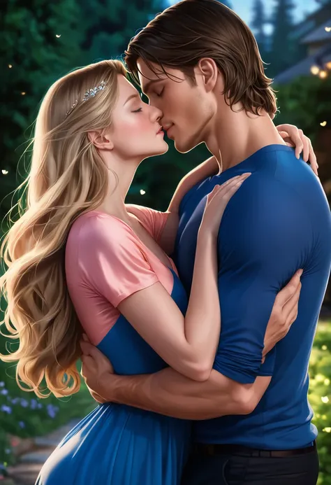 The couple kiss passionately.  Beautiful woman like Melissa Benoist ,very long blonde hair,  green eyes surround the athletic man , beautiful as Chris Wood, short dark brown hair, blue eyes, with arms in a tight embrace , While making love .  The lighting ...