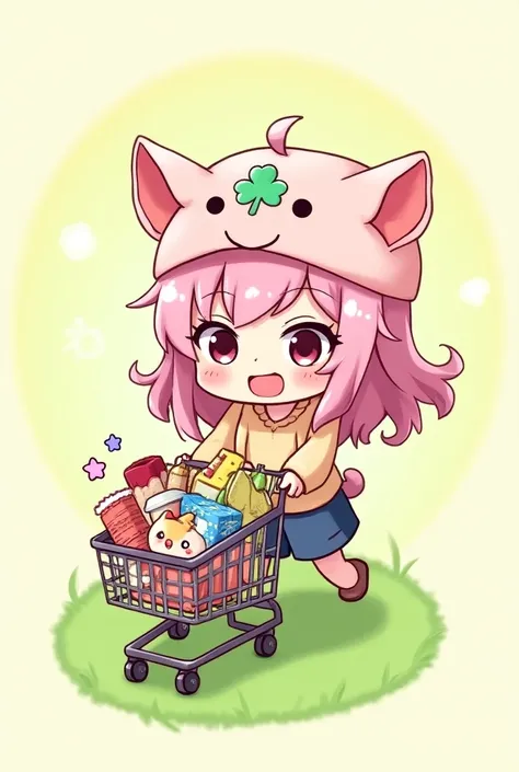 Here’s the updated description featuring the chibi anime girl pushing a shopping cart:

Image Description (1:1 Aspect Ratio, Chibi Style):

The chibi anime girl has long, soft pink hair styled in cute, natural waves. On her head, she wears an adorable pig-...