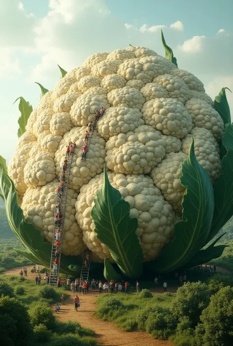 The cauliflower was so huge that many people climbed into it using a ladder.They happened The number of people should be 100 