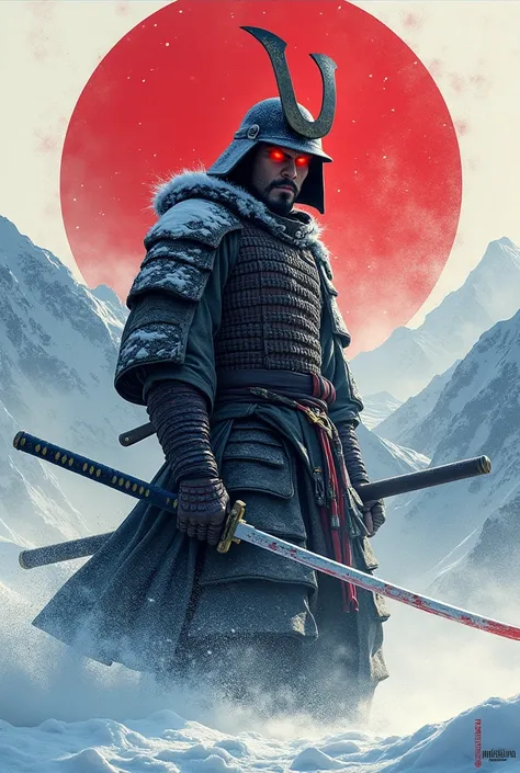 Red eyes,  old bad looking Miyamoto Musashi wearing a helmet 、warrior、 holding a sword 、兜を付けている、Background Japanese flag 、 and Im on a snowboard、1 person、 snowy mountains、powder、 Ukiyo-e, movie, Japanese style、 illustration effects for Japanese posters and...