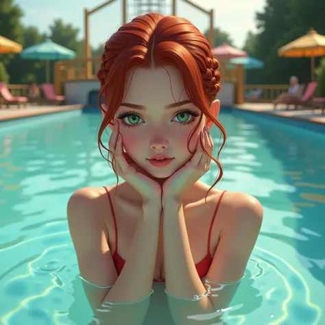 Girl with reddish hair and green eyes covering her bare breasts with her hands inside an amusement park pool Model HD,  Braid, blush,  Depth of field , Movie, somewhat annoying