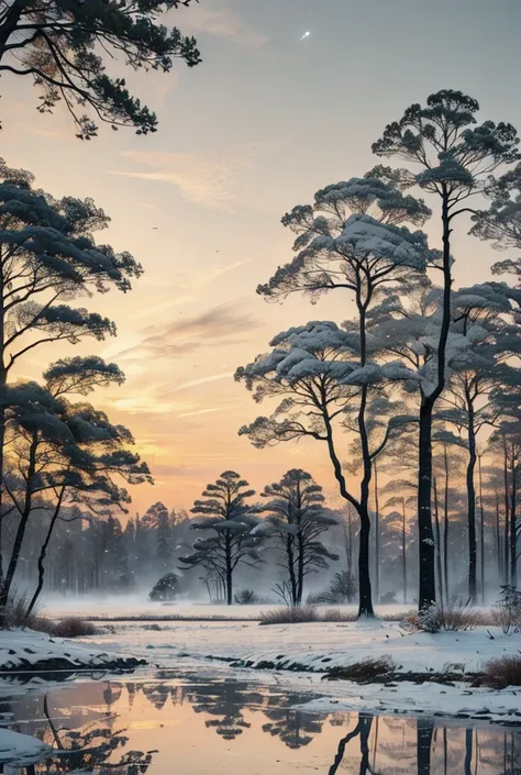 early winter，early morning when the sky is still dim，frost，trees nearby，distant city