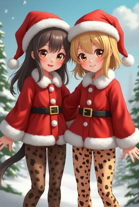 Anime Pretty Girls Twin Sisters。The upper body is a Santa Claus costume、The lower body has a T-back leopard pattern