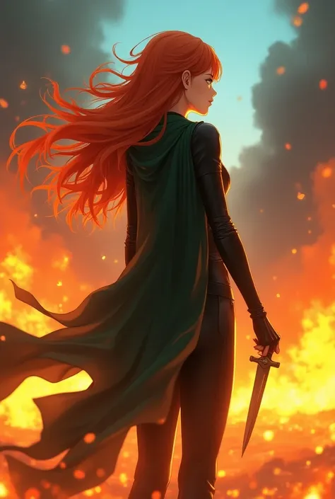  anime woman with long ginger hair stands with her back to the viewer, looking ahead. She is surrounded by roaring flames that light up the scene with an intense glow, and the sky remains blue. She is dressed in sleek black clothing and a dark green cloak ...