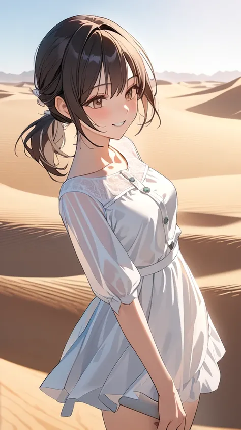 1 girl, (Adorable smile),  Medium Hair Ponytail, prairie blouse, peplum skirt,  medium chest, Natural Posture ,  Pottery Skin , 砂嵐に挑む
break,  Brilliant Sand Waves , (Fantastic Light:1.4), Warm shades,  enchanting atmosphere ,  
break, Beautiful sand dunes,...