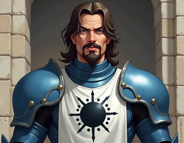  I want you to create for me a human champion ,  with medium hair , cut in half,  with a mustache and goatee in the color brown .  Your eyes are slightly greenish .  Your armor is in the color cobalt , and reinforced steel ,  and over your armor is the tab...