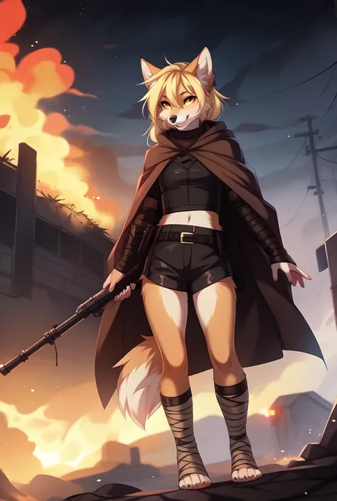 By fumiko, by hyattlen, by hioshiru, solo, tan fox girl, blonde hair, yellow eyes, cute snout, black nose, blonde fox tail, wearing brown cloak, leather armor top, leather short shorts, foot wraps, leather gauntlets, exposed fingers, feet wrapped in bandag...