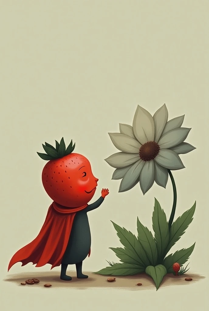 A red strawberry with a red cape touching a sad gray flower with its green leaves